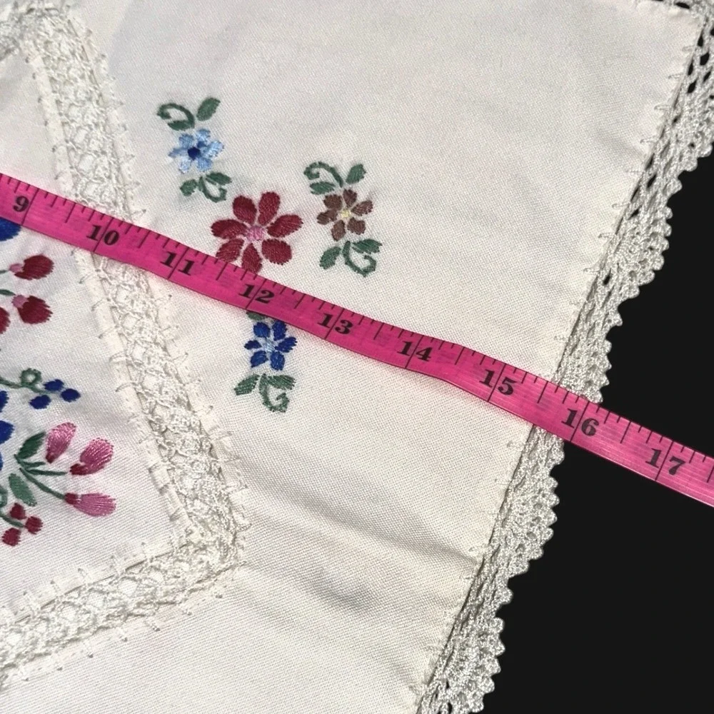 Vintage Hand Embroidered Floral Pillow Sham White Lace Trim Zipper Back 16x16